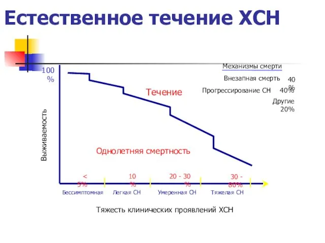 Естественное течение ХСН Тяжесть клинических проявлений ХСН Выживаемость Бессимптомная 100%