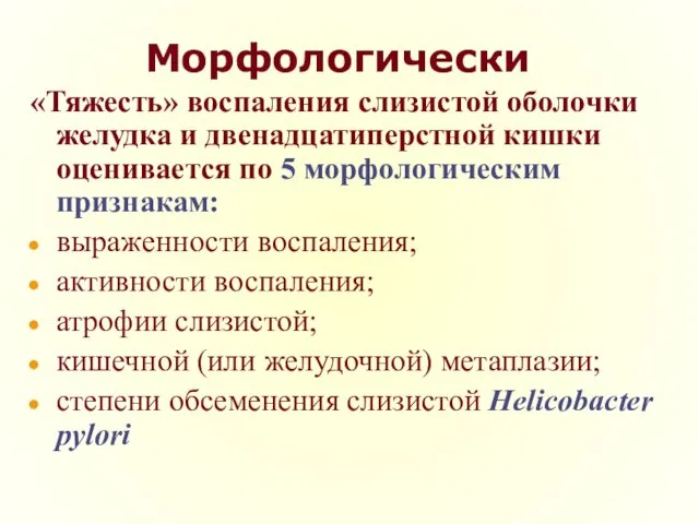 Морфологически «Тяжесть» воспаления слизистой оболочки желудка и двенадцатиперстной кишки оценивается