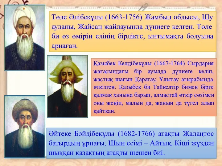 Төле Әлібекұлы (1663-1756) Жамбыл облысы, Шу ауданы, Жайсаң жайлауында дүниеге