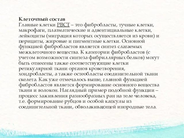 Клеточный состав Главные клетки РВСТ – это фибробласты, тучные клетки,