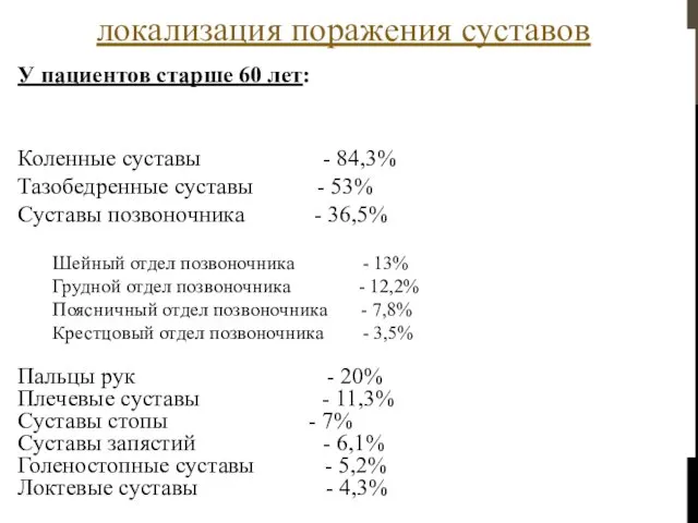 У пациентов старше 60 лет: Коленные суставы - 84,3% Тазобедренные суставы - 53%