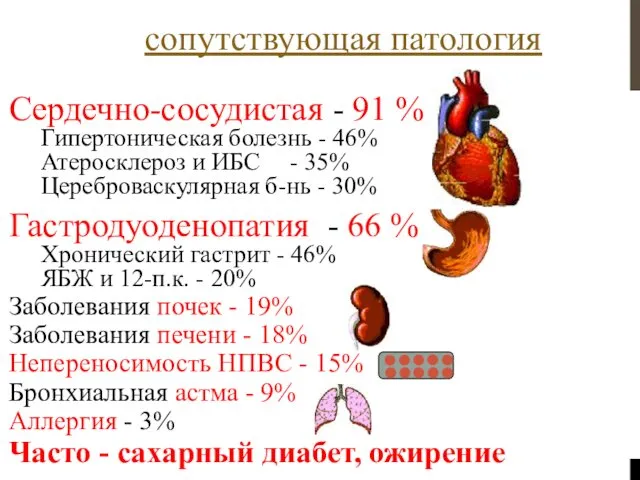 сопутствующая патология Сердечно-сосудистая - 91 % Гипертоническая болезнь - 46% Атеросклероз и ИБС