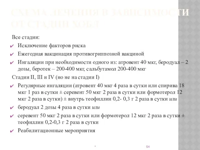 СХЕМА ЛЕЧЕНИЯ В ЗАВИСИМОСТИ ОТ СТАДИИ ХОБЛ Все стадии: Исключение