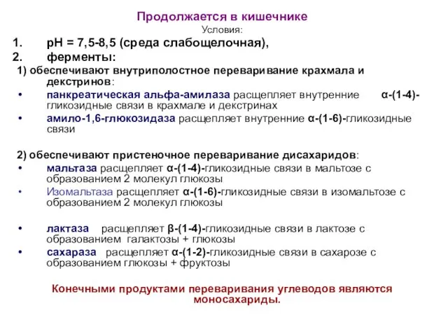 Продолжается в кишечнике Условия: рН = 7,5-8,5 (среда слабощелочная), ферменты: