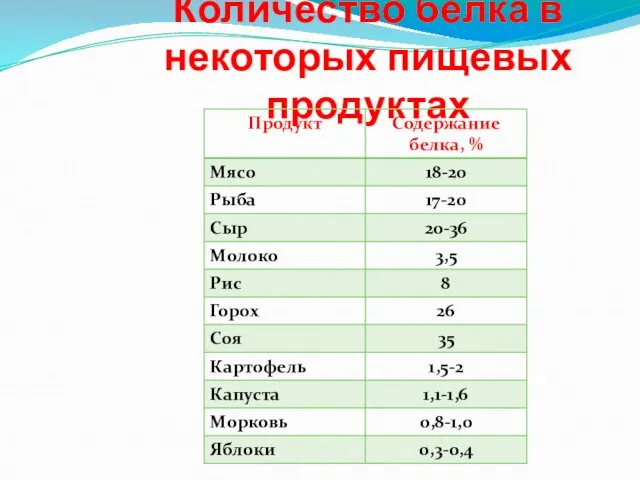 Количество белка в некоторых пищевых продуктах