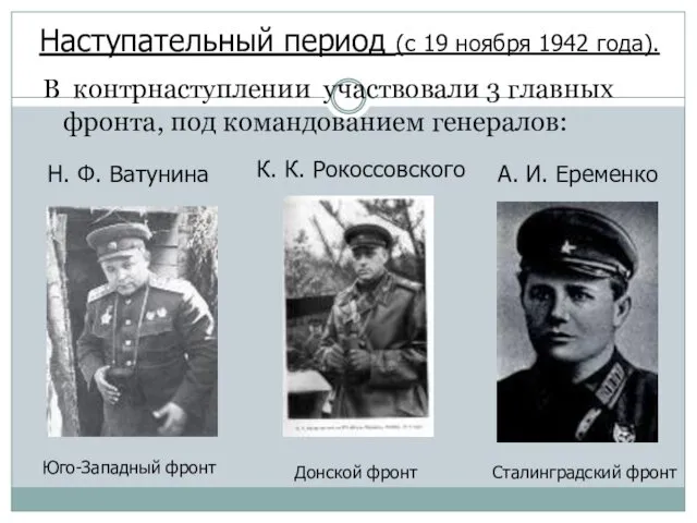 В контрнаступлении участвовали 3 главных фронта, под командованием генералов: Н.