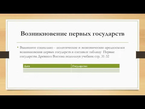 Возникновение первых государств Выпишите социально – политические и экономические предпосылки