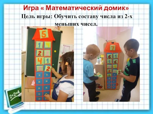 Игра « Математический домик» Цель игры: Обучить составу числа из 2-х меньших чисел.