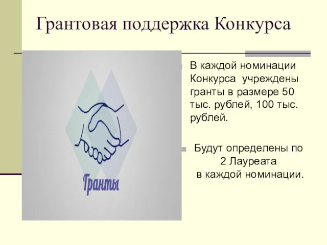 Грантовая поддержка Конкурса В каждой номинации Конкурса учреждены гранты в