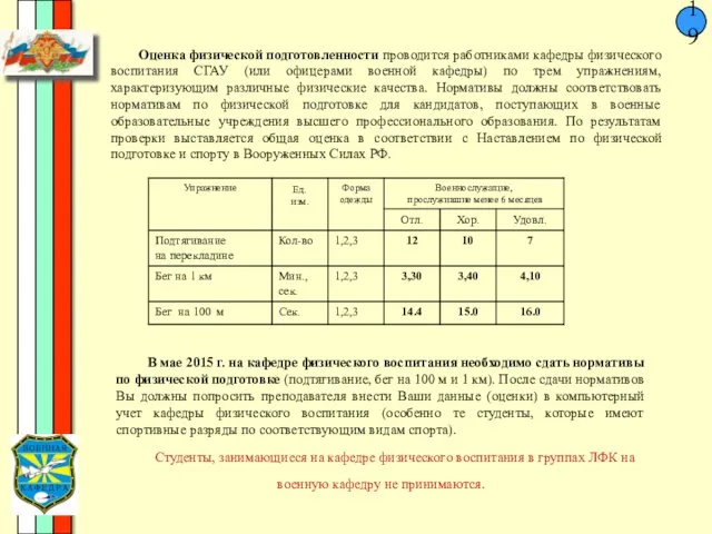 19 Оценка физической подготовленности проводится работниками кафедры физического воспитания СГАУ (или офицерами военной