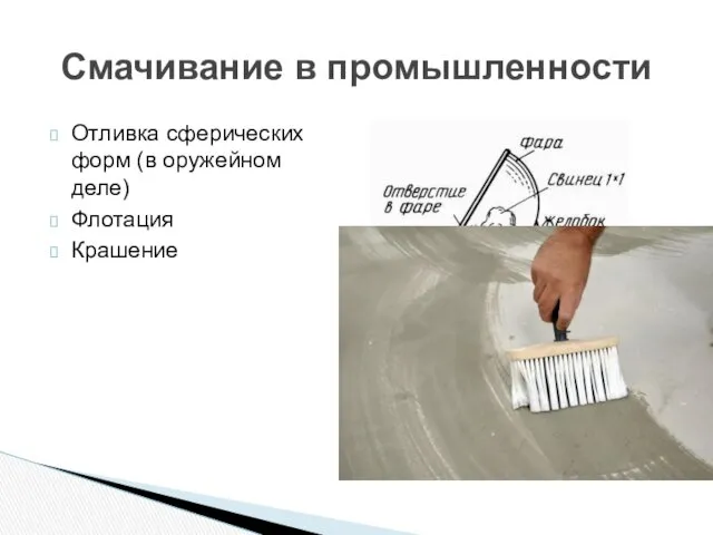 Смачивание в промышленности Отливка сферических форм (в оружейном деле) Флотация Крашение