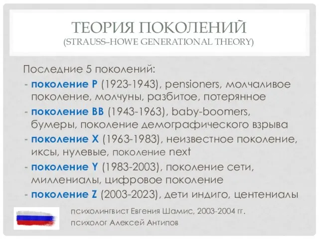 ТЕОРИЯ ПОКОЛЕНИЙ (STRAUSS–HOWE GENERATIONAL THEORY) Последние 5 поколений: поколение P (1923-1943), pensioners, молчаливое