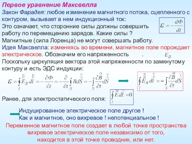 Первое уравнение Максвелла Закон Фарадея: любое изменение магнитного потока, сцепленного с контуром, вызывает