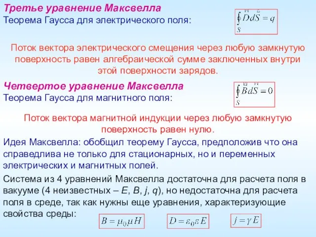 Третье уравнение Максвелла Теорема Гаусса для электрического поля: Четвертое уравнение Максвелла Теорема Гаусса