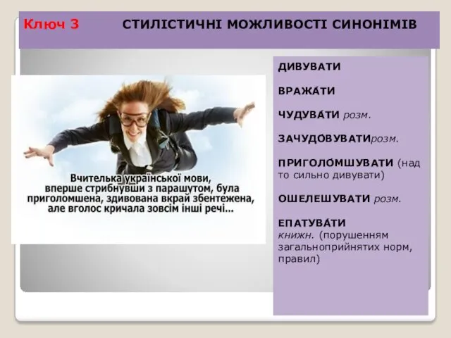 Ключ 3 СТИЛІСТИЧНІ МОЖЛИВОСТІ СИНОНІМІВ ДИВУВАТИ ВРАЖА́ТИ ЧУДУВА́ТИ розм. ЗАЧУДО́ВУВАТИрозм.