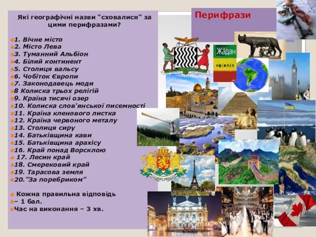 Перифрази Які географічні назви “сховалися” за цими перифразами? 1. Вічне