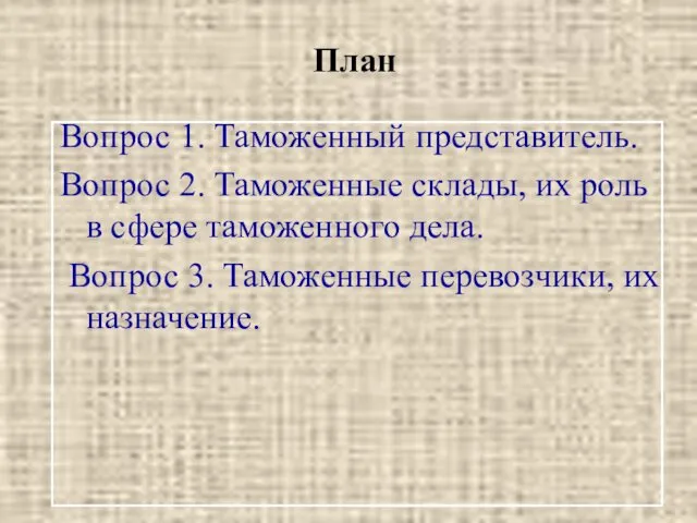 План Вопрос 1. Таможенный представитель. Вопрос 2. Таможенные склады, их