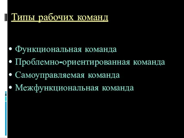 Типы рабочих команд Функциональная команда Проблемно-ориентированная команда Самоуправляемая команда Межфункциональная команда