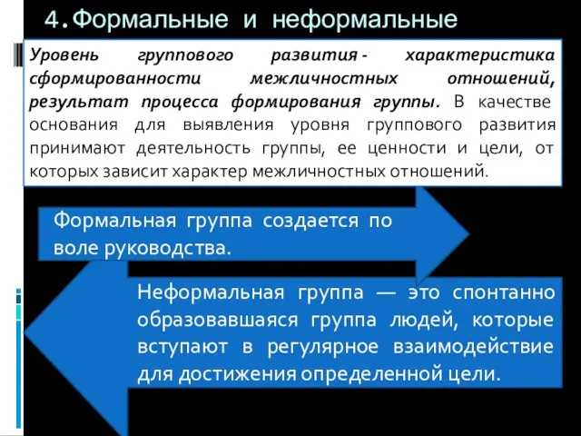 4.Формальные и неформальные группы Уровень группового развития - характеристика сформированности