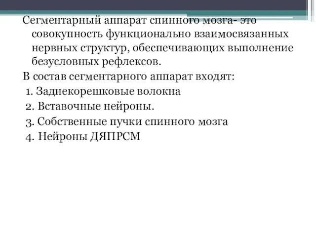 Сегментарный аппарат спинного мозга- это совокупность функционально взаимосвязанных нервных структур,