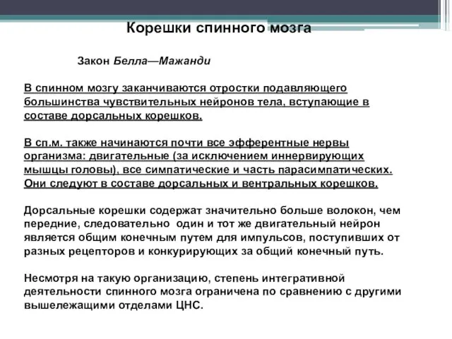 Корешки спинного мозга Закон Белла—Мажанди В спинном мозгу заканчиваются отростки