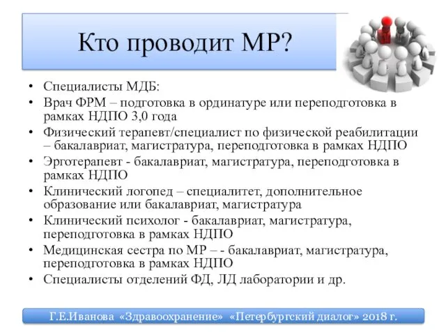 Кто проводит МР? Специалисты МДБ: Врач ФРМ – подготовка в