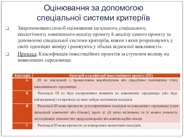 Оцінювання за допомогою спеціальної системи критеріїв Запропоновано спосіб оцінювання загального,