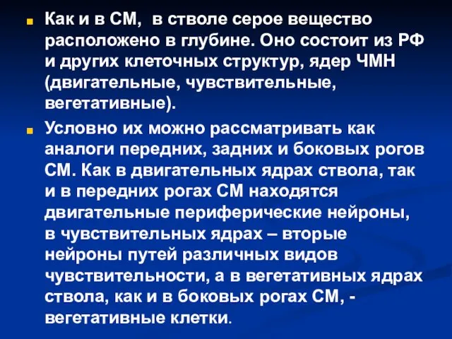 Как и в СМ, в стволе серое вещество расположено в