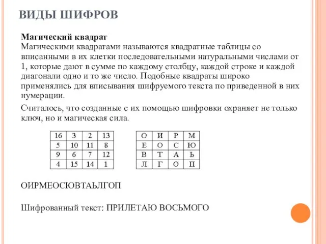 ВИДЫ ШИФРОВ Магический квадрат Магическими квадратами называются квадратные таблицы со