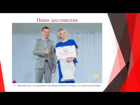 Наши достижения Призовое место в окружном этапе Всероссийского конкурса «Студенческий лидер»