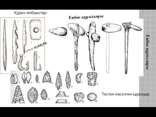 Еңбек құралдары Балық аулауға Еңбек құралдары Тастан жасалған құралдар Құрал-жабдықтар: