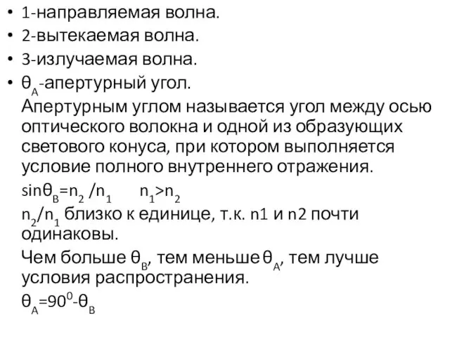 1-направляемая волна. 2-вытекаемая волна. 3-излучаемая волна. θA-апертурный угол. Апертурным углом