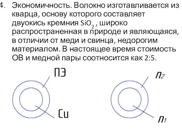 Экономичность. Волокно изготавливается из кварца, основу которого составляет двуокись кремния