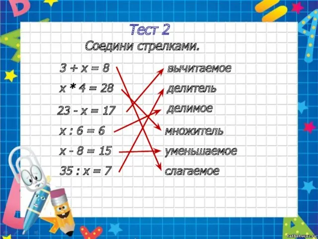 Тест 2 3 + х = 8 х * 4