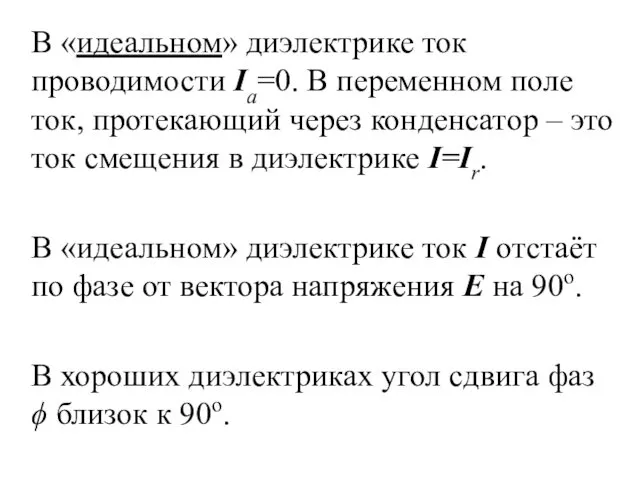 В «идеальном» диэлектрике ток проводимости Ia=0. В переменном поле ток,