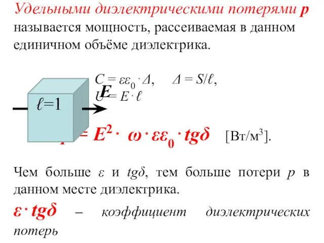 Удельными диэлектрическими потерями р называется мощность, рассеиваемая в данном единичном