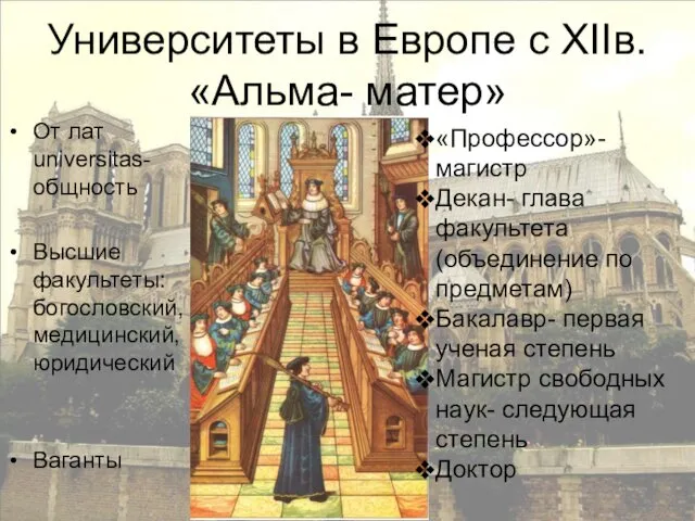 Университеты в Европе с XIIв. «Альма- матер» От лат universitas-общность