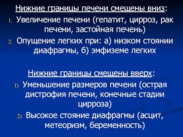 Нижние границы печени смещены вниз: Увеличение печени (гепатит, цирроз, рак