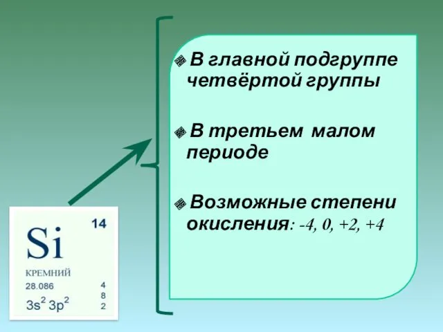 В главной подгруппе четвёртой группы В третьем малом периоде Возможные степени окисления: -4, 0, +2, +4