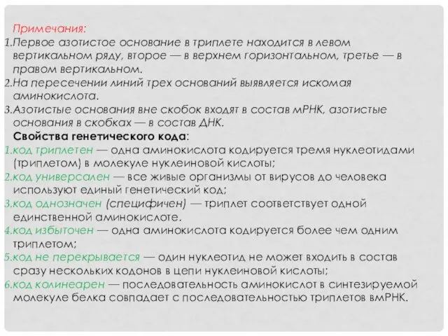 Примечания: Первое азотистое основание в триплете находится в левом вертикальном