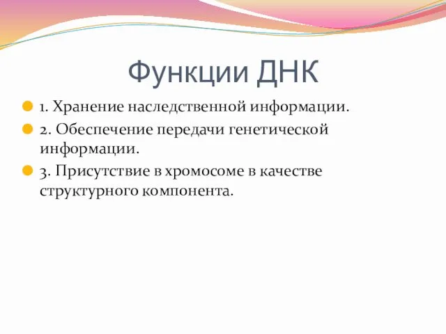 Функции ДНК 1. Хранение наследственной информации. 2. Обеспечение передачи генетической