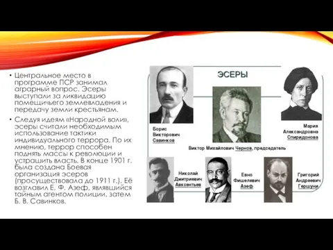 Центральное место в программе ПСР занимал аграрный вопрос. Эсеры выступали