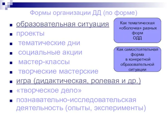 Формы организации ДД (по форме) образовательная ситуация проекты тематические дни