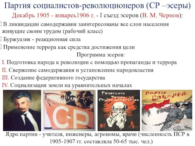 Партия социалистов-революционеров (СР –эсеры) Программа эсеров: Декабрь 1905 - январеь1906
