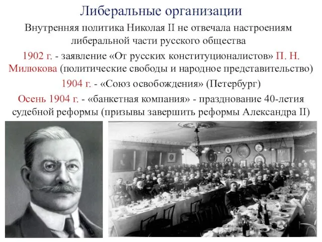 Либеральные организации Внутренняя политика Николая II не отвечала настроениям либеральной