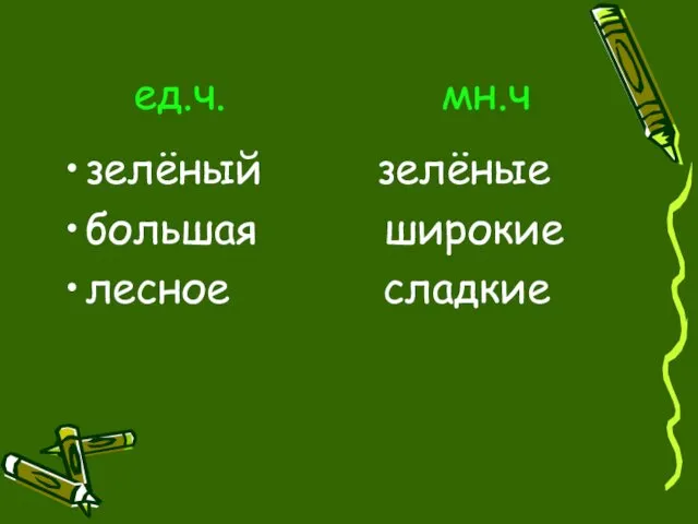 ед.ч. мн.ч зелёный зелёные большая широкие лесное сладкие