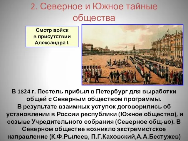 2. Северное и Южное тайные общества В 1824 г. Пестель