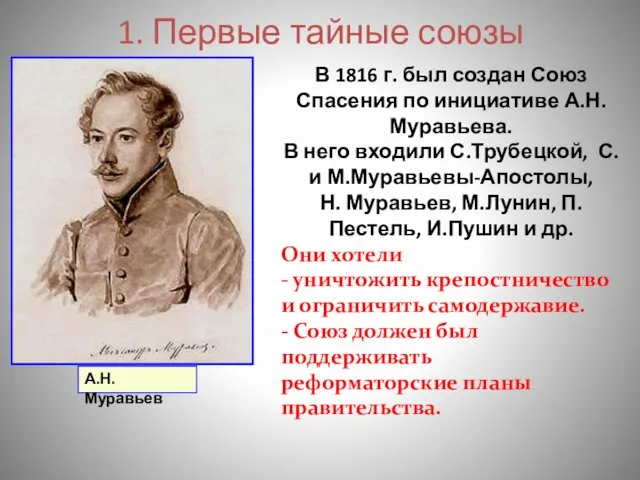 1. Первые тайные союзы В 1816 г. был создан Союз