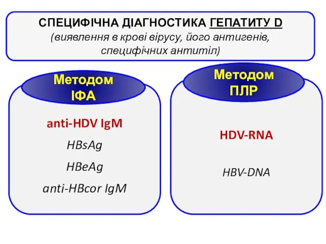 СПЕЦИФІЧНА ДІАГНОСТИКА ГЕПАТИТУ D (виявлення в крові вірусу, його антигенів,