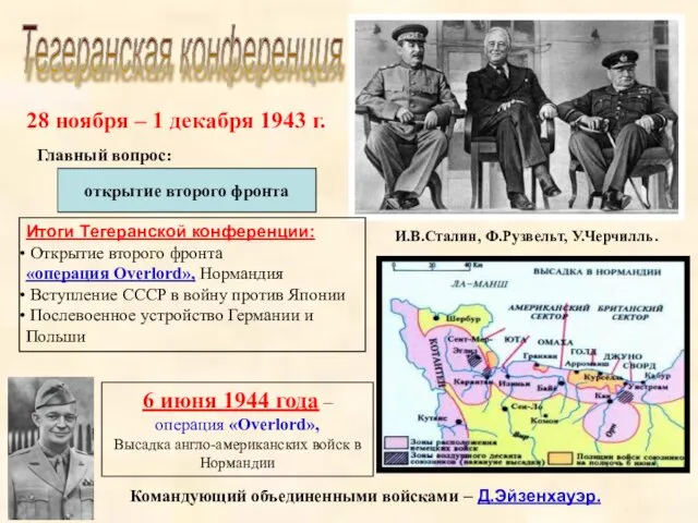 Тегеранская конференция открытие второго фронта И.В.Сталин, Ф.Рузвельт, У.Черчилль. Главный вопрос: